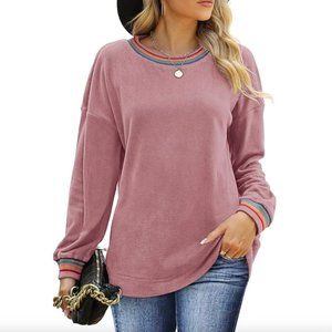 WIHOLL Womens Fleece Crewneck Long Sleeve Rainbow Striped Fuzzy Sweatshirt S